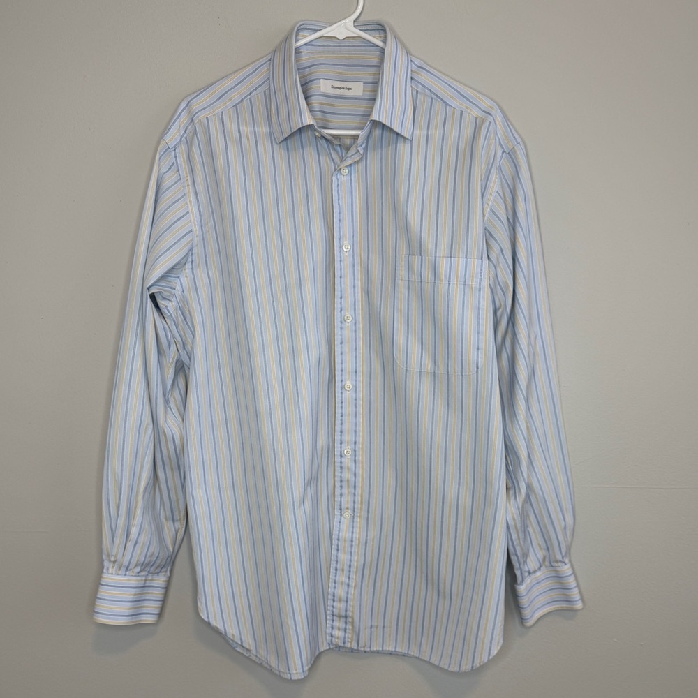 Ermenegildo Zegna Light Blue Yellow Stripe Dress Shirt 16.5 Cotton Portofino - Picture 11 of 11